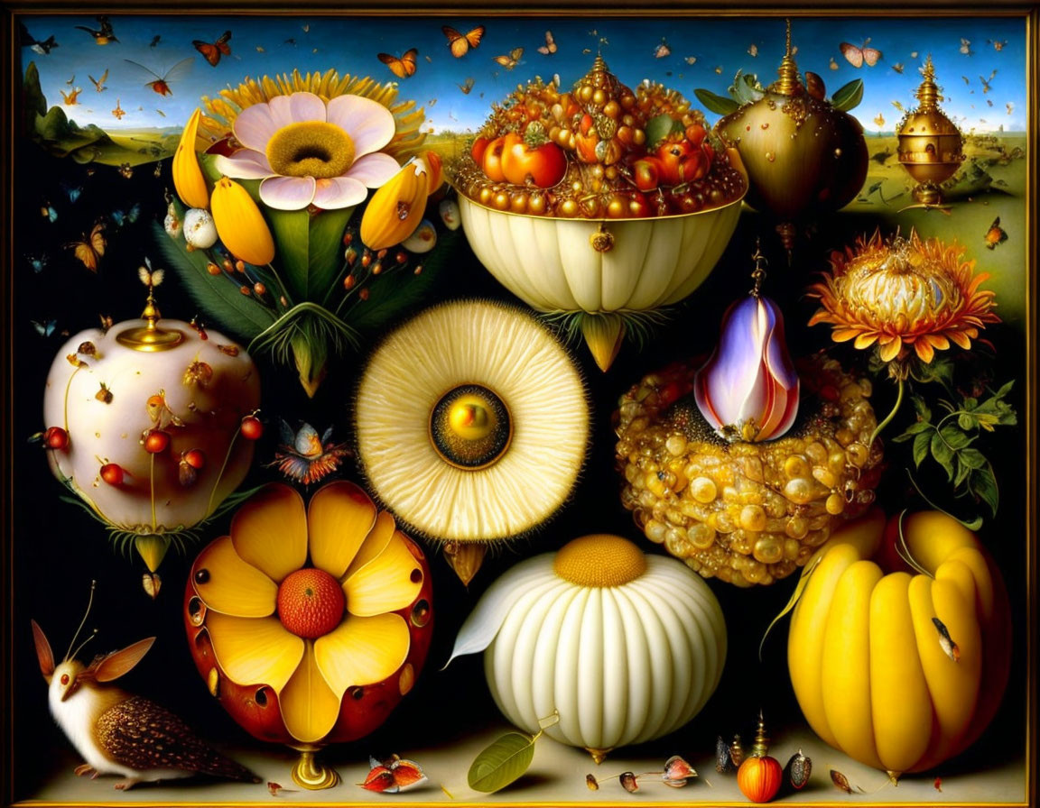 Vibrant surreal still-life with fruit, flowers, and insects in intricate detail