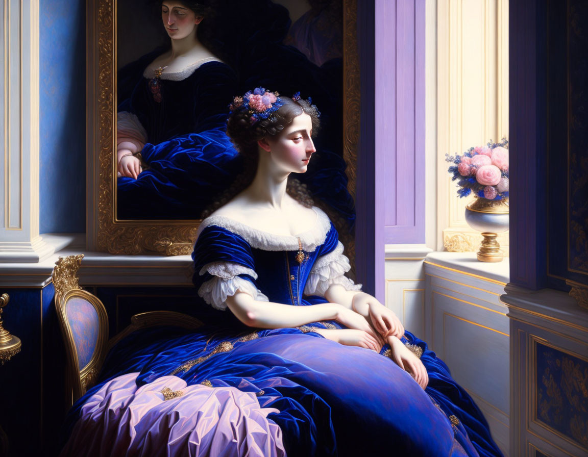 Elegant lady in blue period dress beside mirror in luxurious setting