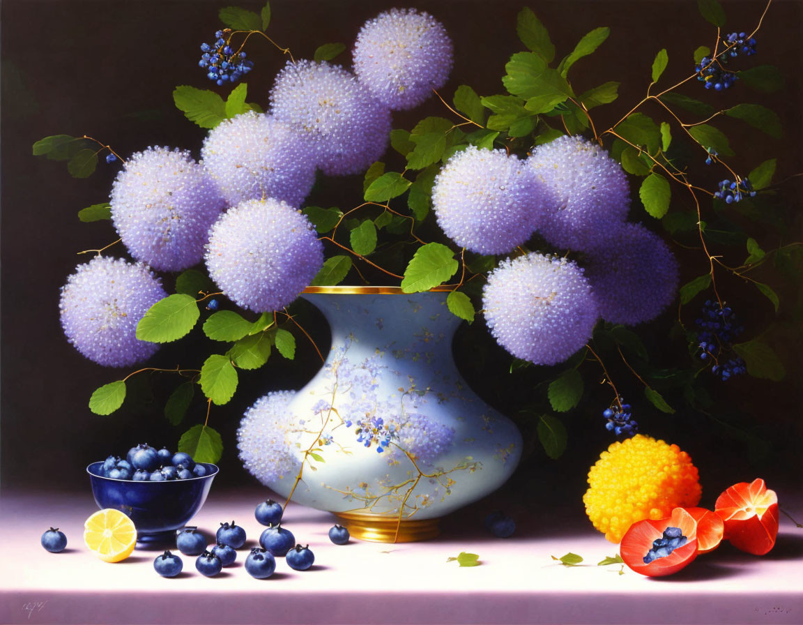 Colorful Still Life Painting with Blue Vase and Fresh Fruit