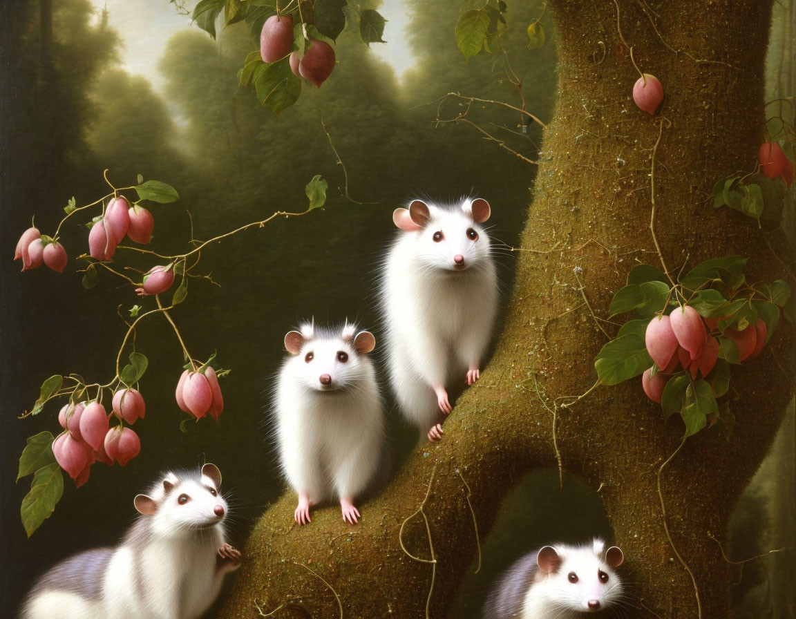 Four white mice with black eyes on tree branches amidst greenery and pink fruits.