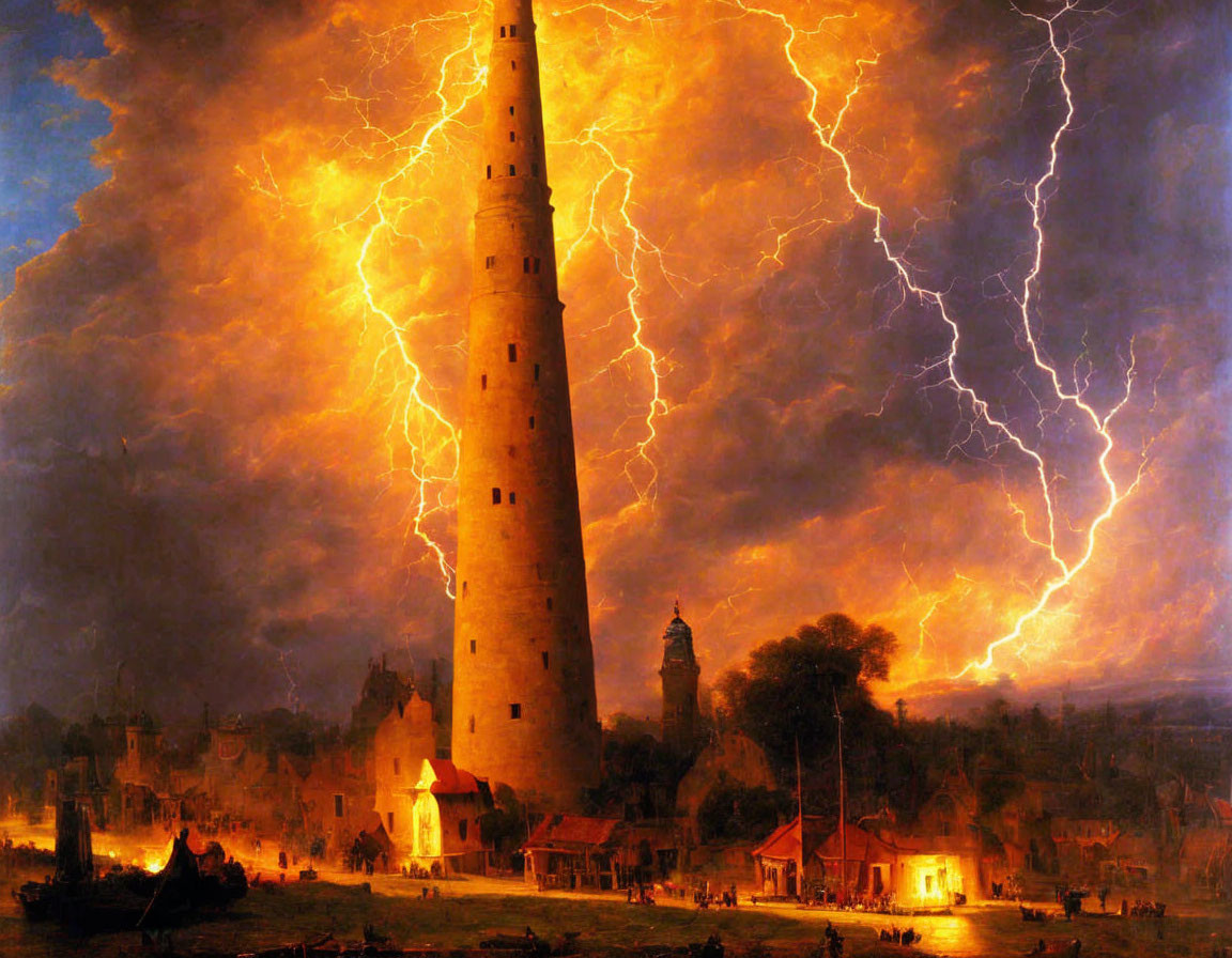 Towering lightning strike painting under tumultuous sky