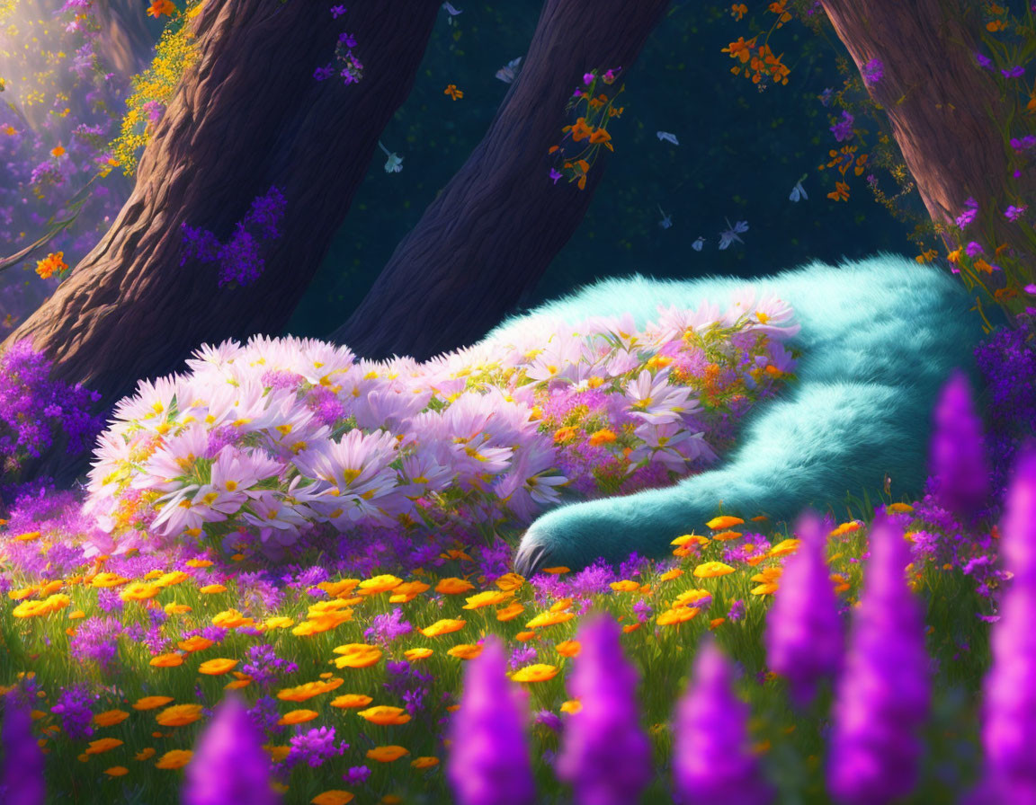 Fantastical blue creature sleeping in vibrant forest scene