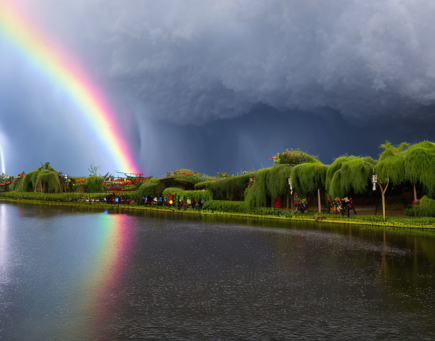 Double rainbow over serene lake with storm clouds and green willowed parkland