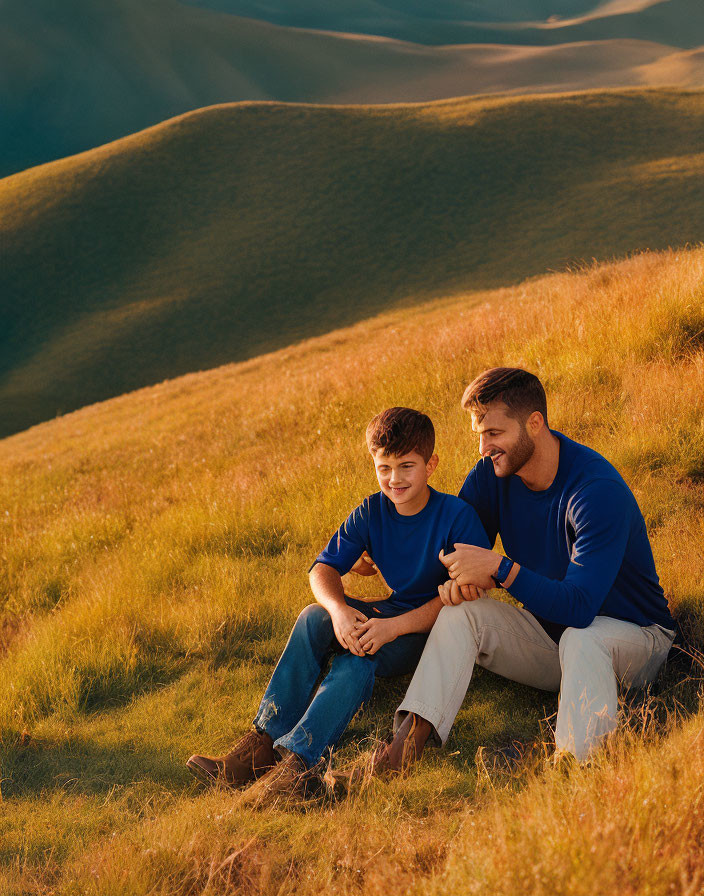 Man and boy in blue tops on grassy slope at golden hour with rolling hills.