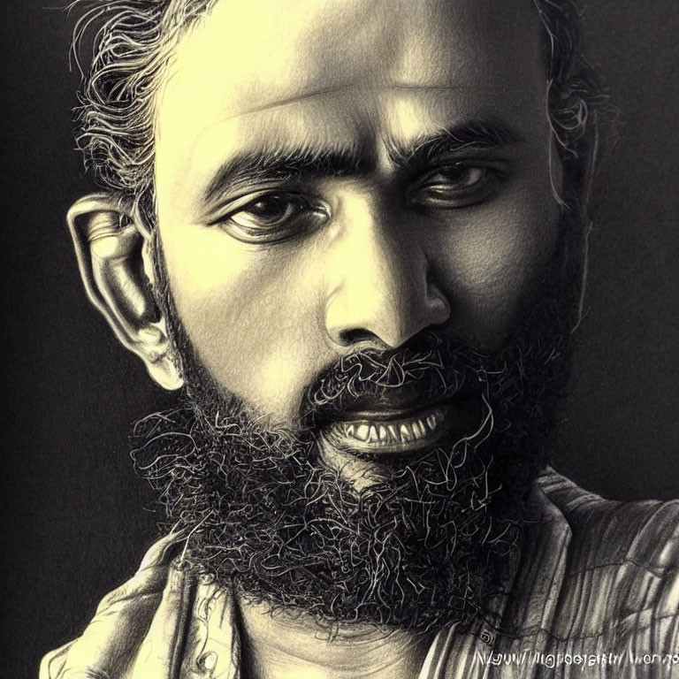 Detailed pencil sketched portrait of a bearded man with intense gaze and checked shirt on textured background