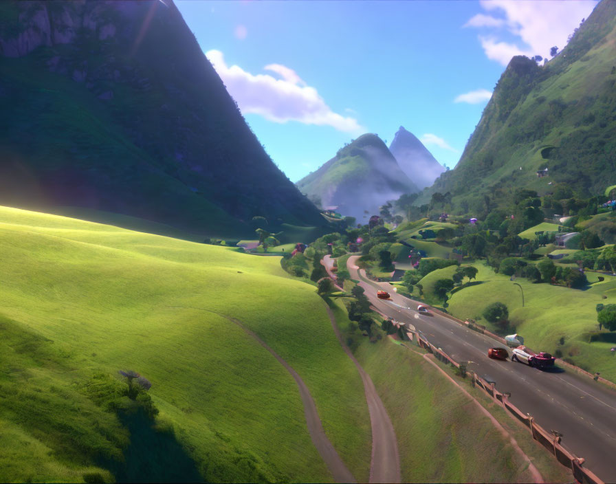 Serene animated countryside landscape with rolling green hills