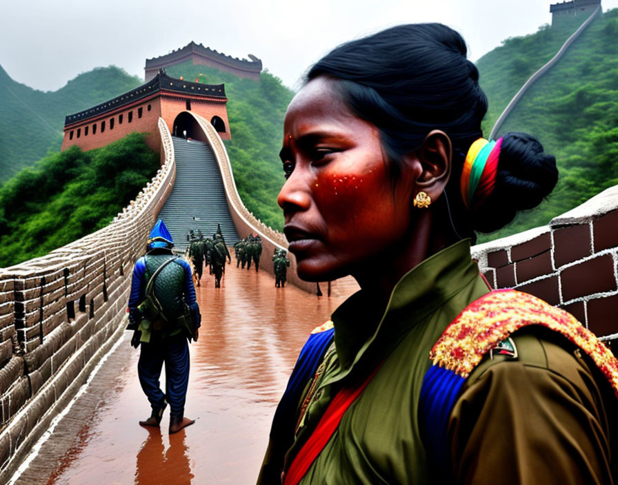 Traditional Adorned Woman at Great Wall of China with Background Visitors