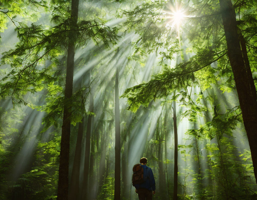 Person standing in misty forest with backpack under sunbeams