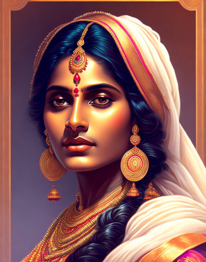 Traditional Indian Attire and Jewelry Illustration in Regal Setting