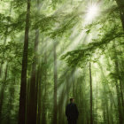 Person standing in misty forest with backpack under sunbeams