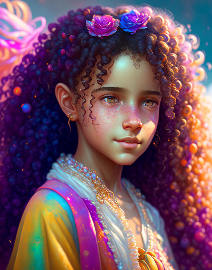 Colorful digital portrait of young girl with curly hair and floral adornments