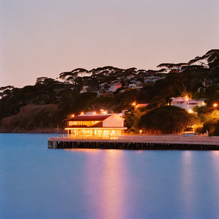 Twilight scene with warmly lit building on pier & silhouetted trees