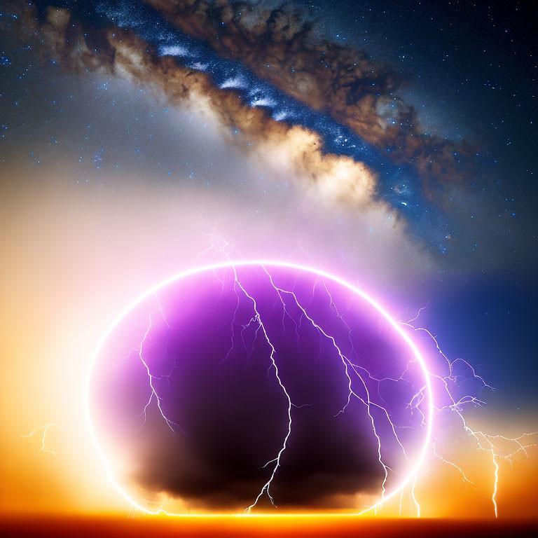 Surreal glowing purple sphere emitting lightning in starry sky