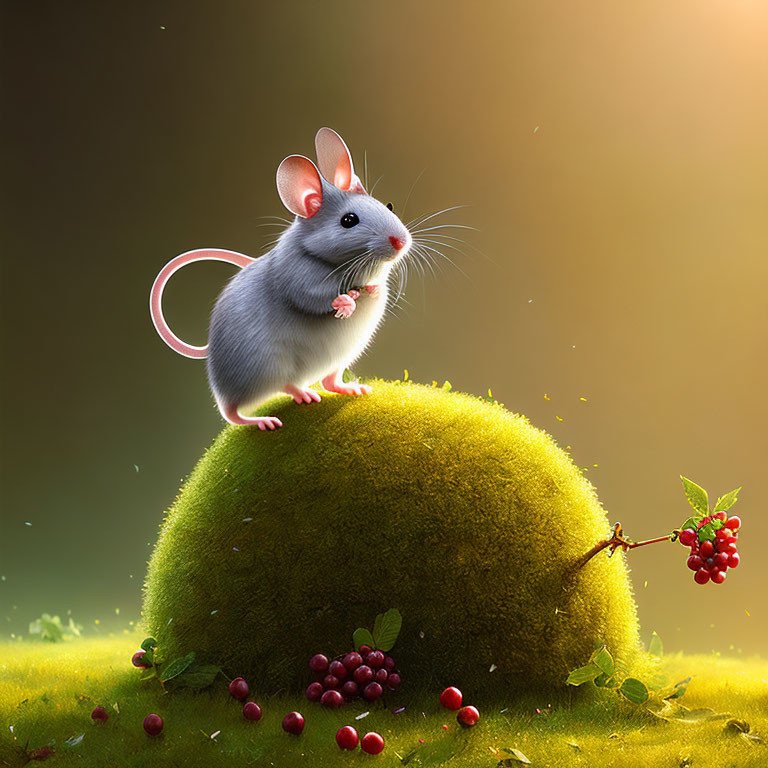 Illustration of mouse on green mound with red berries in warm light