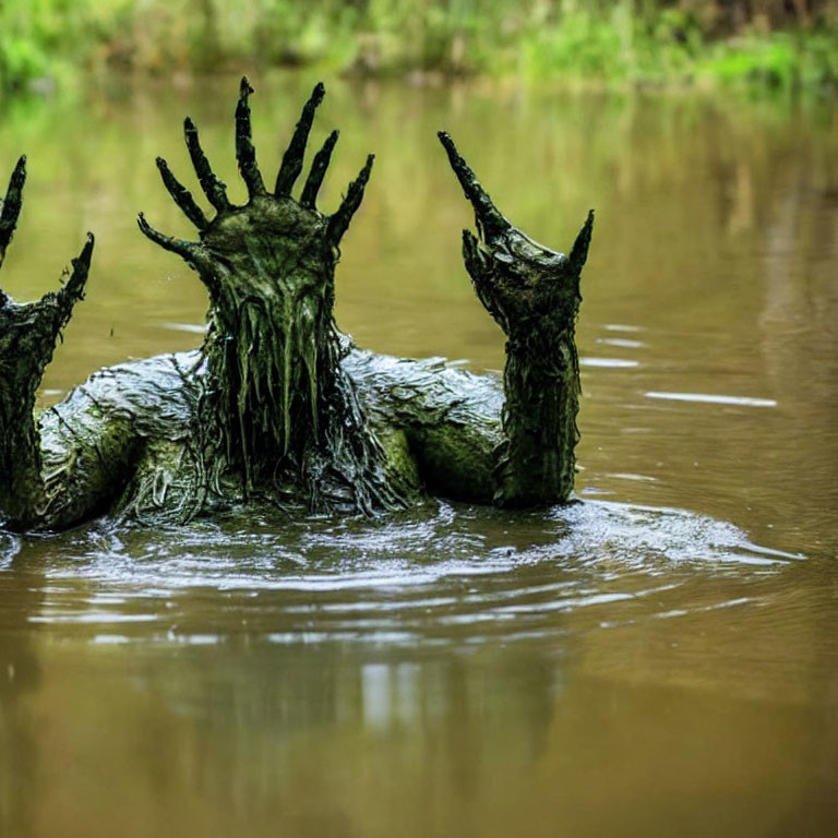 Muddy slime-covered creature with eerie fingers emerging from water