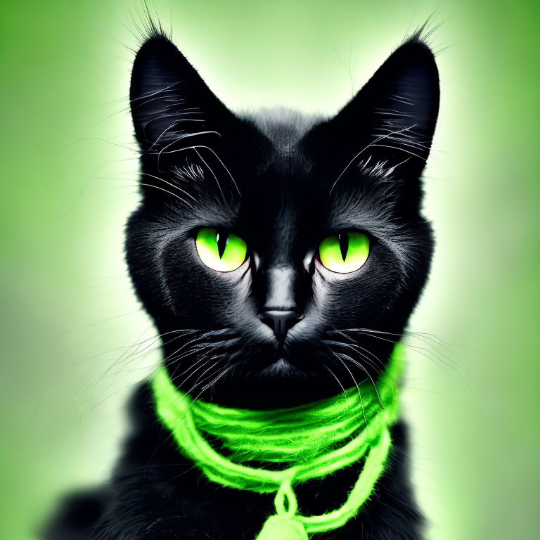 Striking Green-Eyed Black Cat with Green Collar on Green Background