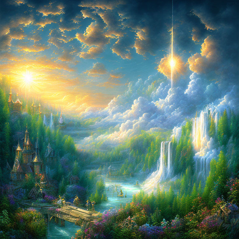 Fantasy landscape with sunset, waterfall, castle, shooting star, and radiant sun