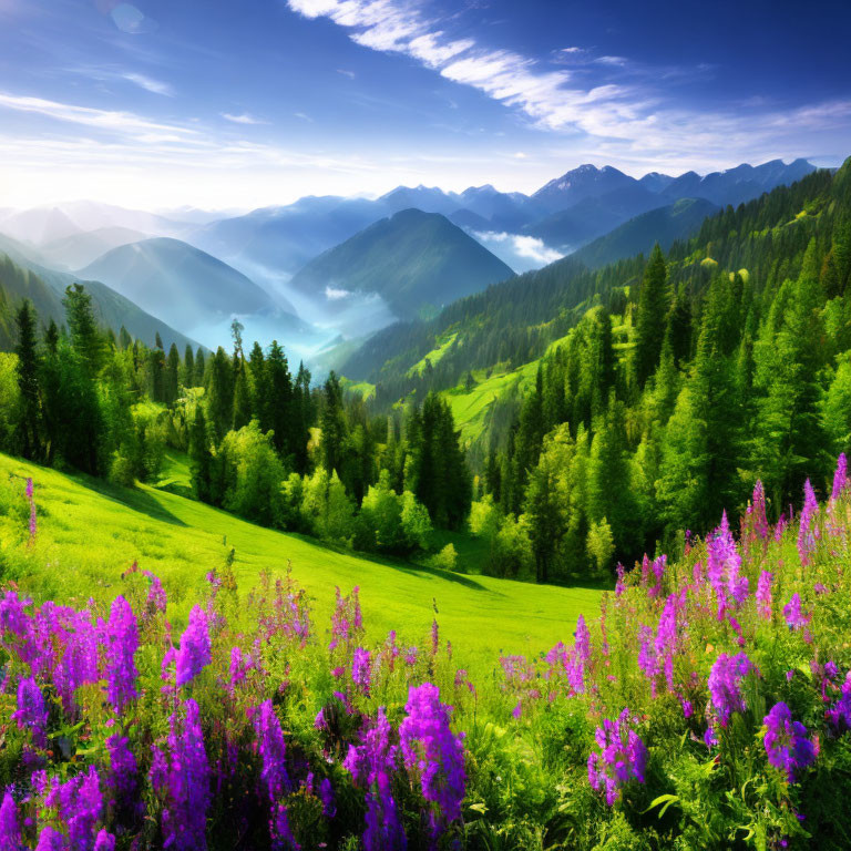 Scenic landscape with green hills, wildflowers, mountains, misty valley