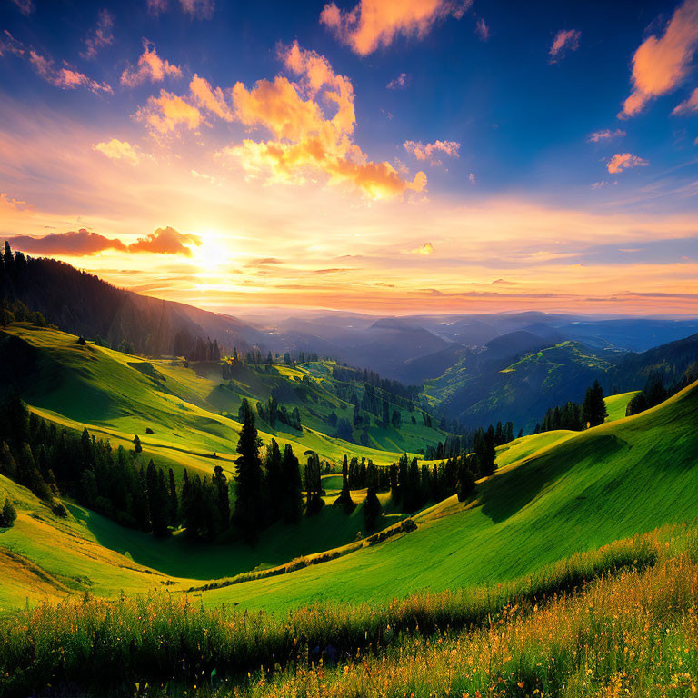 Scenic sunset over rolling green landscape