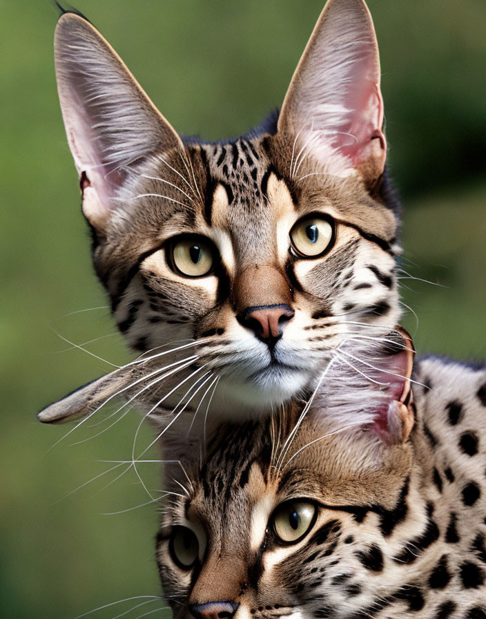 Two Savannah Cats Close-Up with Spotted Coats and Large Ears