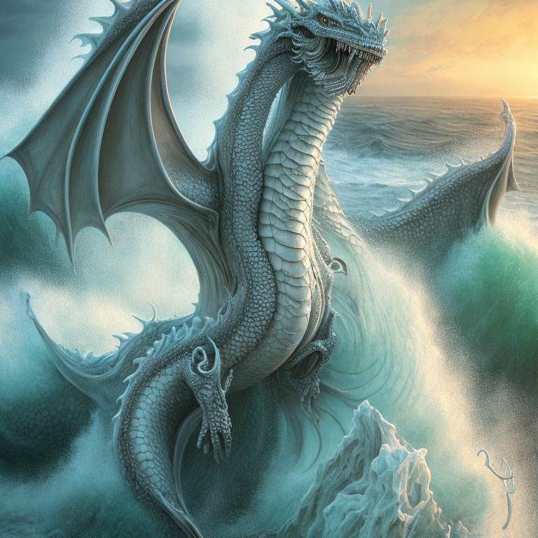 Majestic dragon with large wings perched on cliff overlooking sea