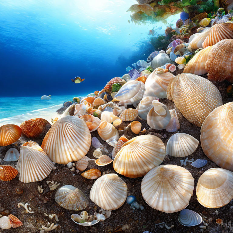 Colorful Underwater Scene with Seashells, Coral, and Fish