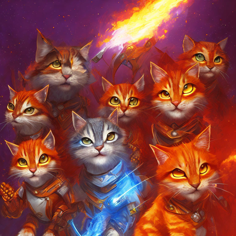 Digital Artwork: Eight Warrior Cats in Armor with Celestial Background