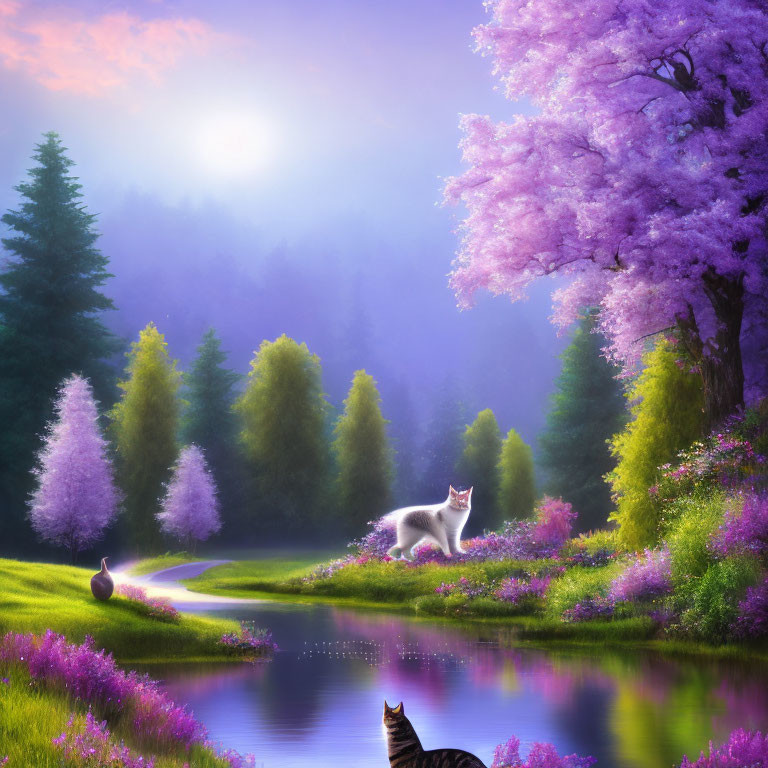 Fantasy landscape with purple flora, glowing sun, pond, cats, cherry blossom tree