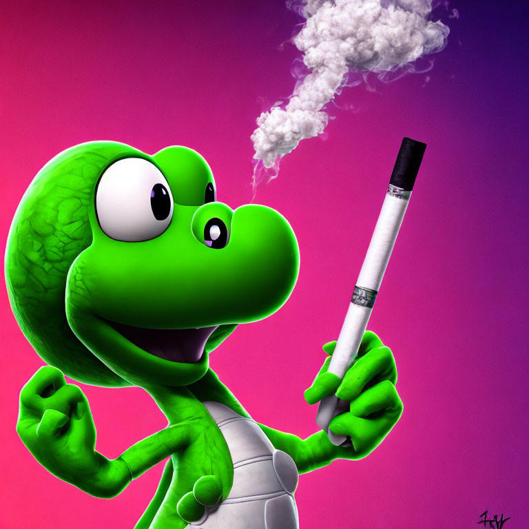 Stylized Yoshi character exhaling smoke on colorful background