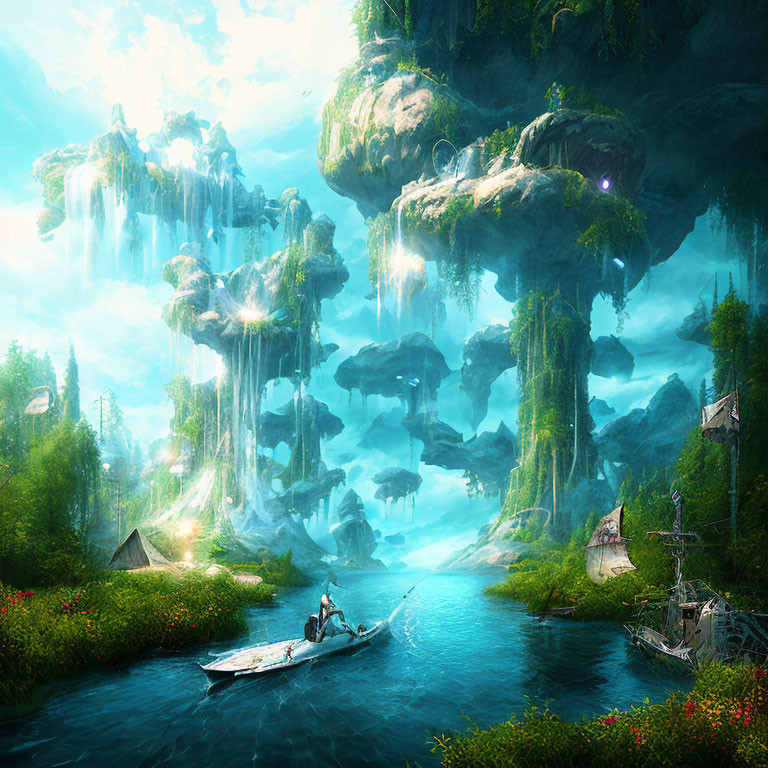 Majestic floating islands with waterfalls and lush greenery