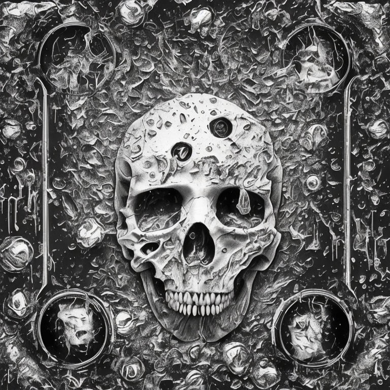 Monochrome artwork: human skull, roses, clock hands, bubbles, textured background