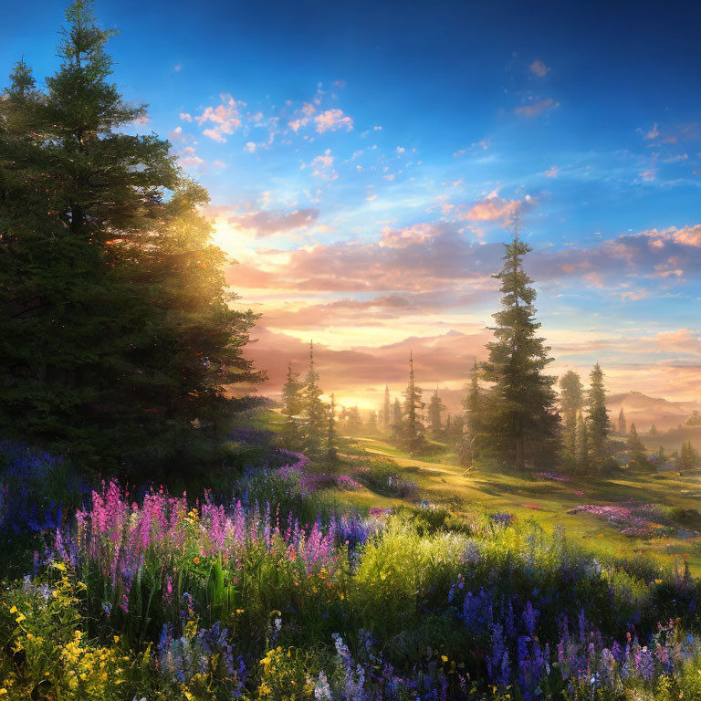 Scenic landscape: Vibrant sunrise, lush trees, purple wildflowers, misty mountains