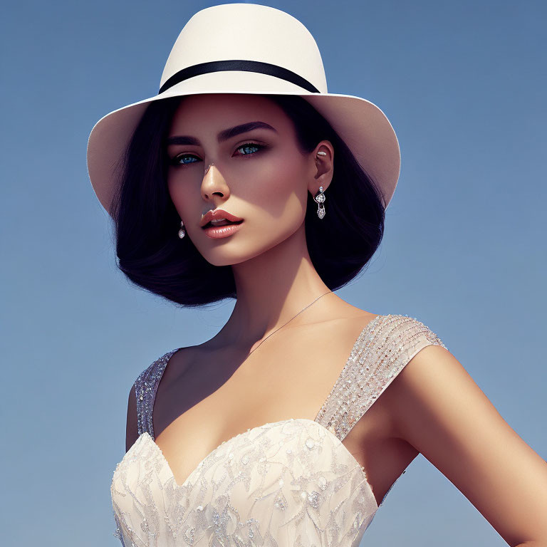 Blue-eyed woman in white hat, beaded dress, and earrings on blue background