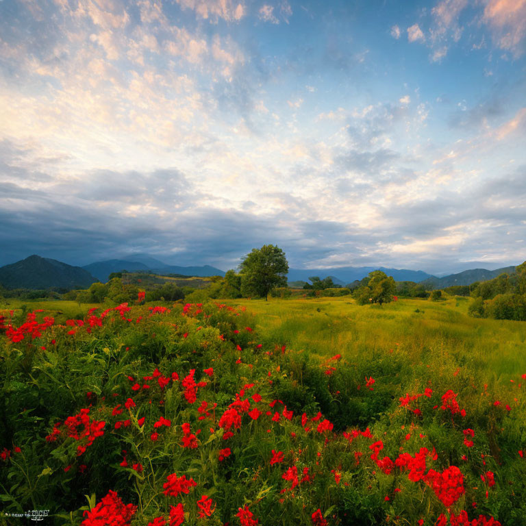 Tranquil landscape with red flowers, lone tree, mountains, and cloudy sky