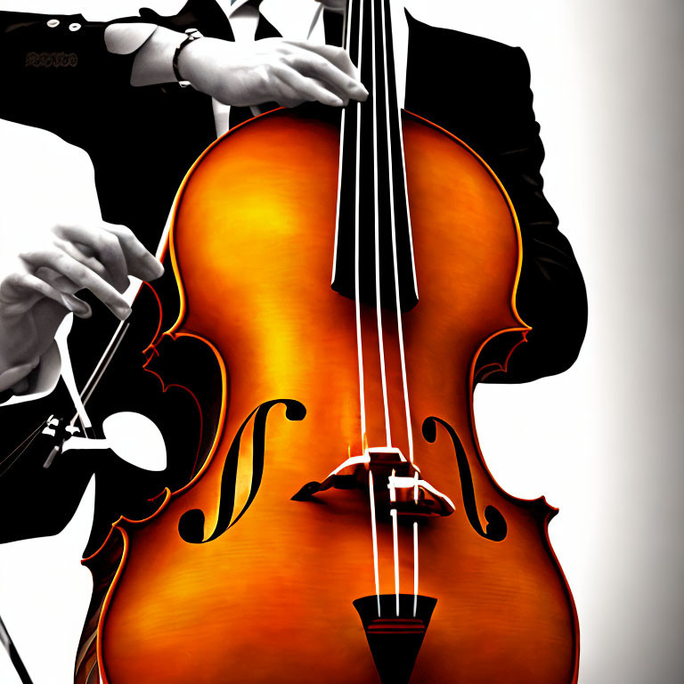 Detailed digital illustration of a person playing a cello - close-up view of hands, bow, and