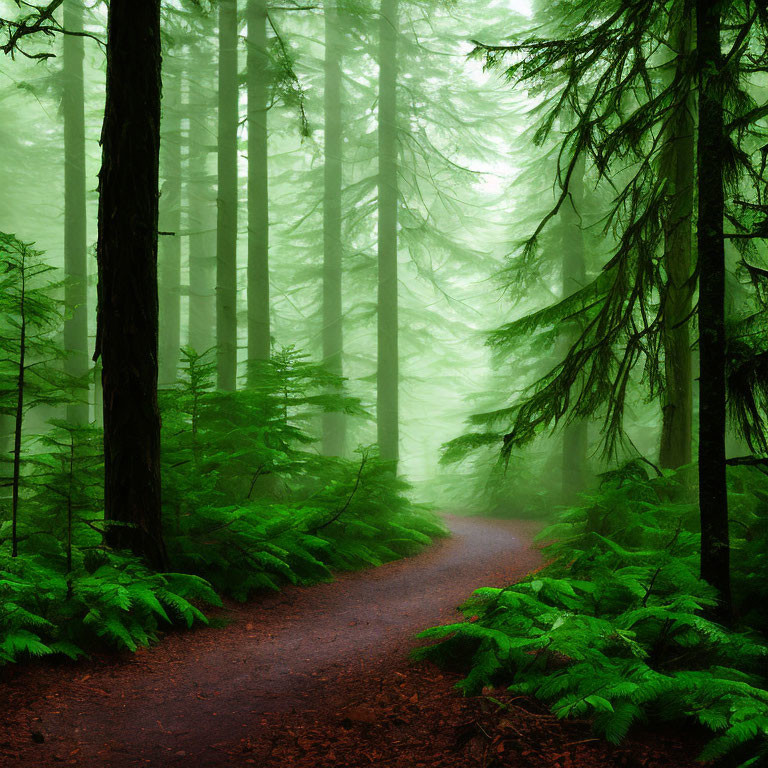 Misty forest path with green ferns and tall trees