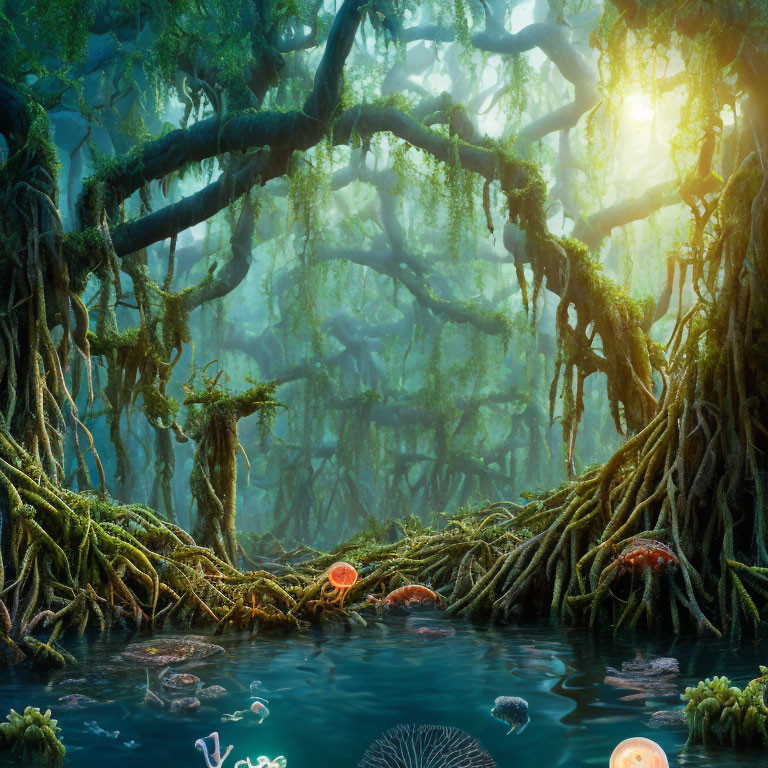 Ethereal forest scene with sunlight, pond, mushrooms & plants