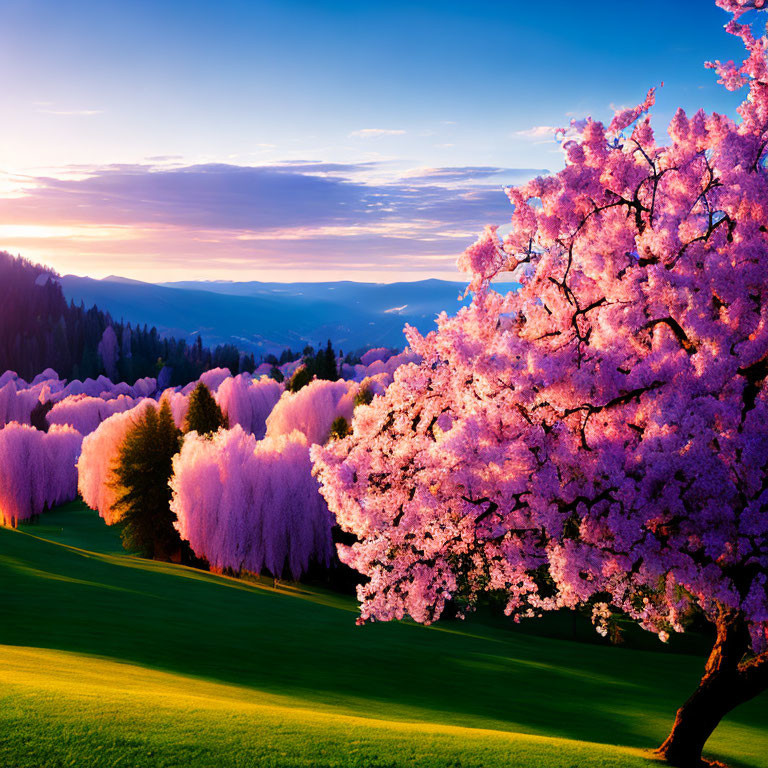 Colorful Cherry Blossom and Wisteria Landscape at Sunset