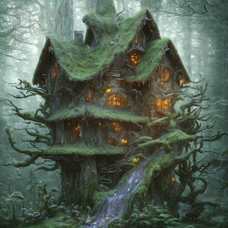 Enchanting Glowing Treehouse in Misty Forest