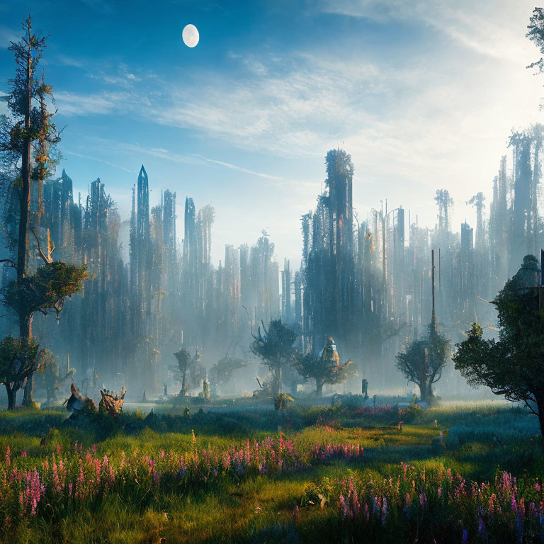 Mystical forest with towering trees, misty ambiance, flowers, and moon.