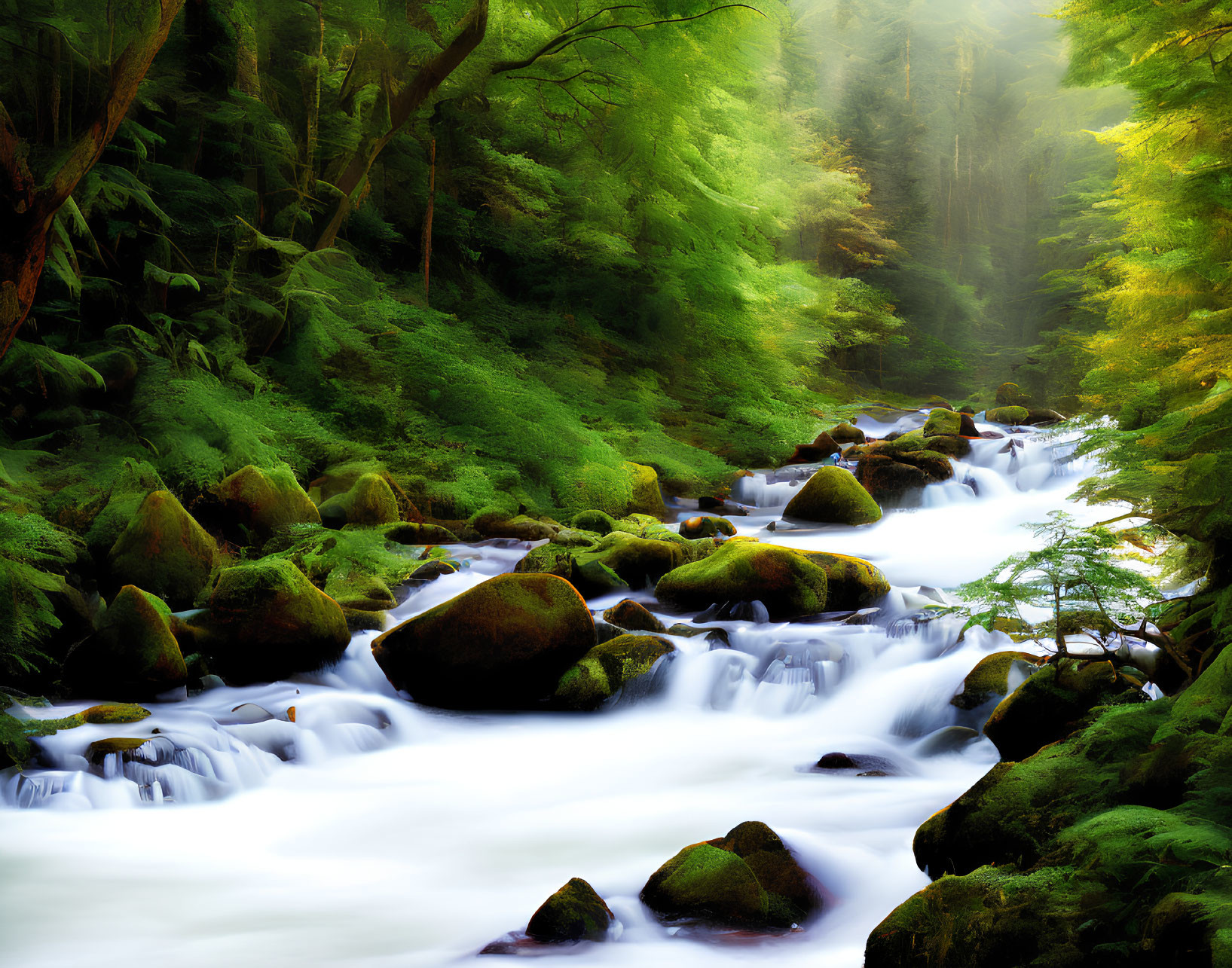 Tranquil forest stream with misty cascading water and lush green surroundings