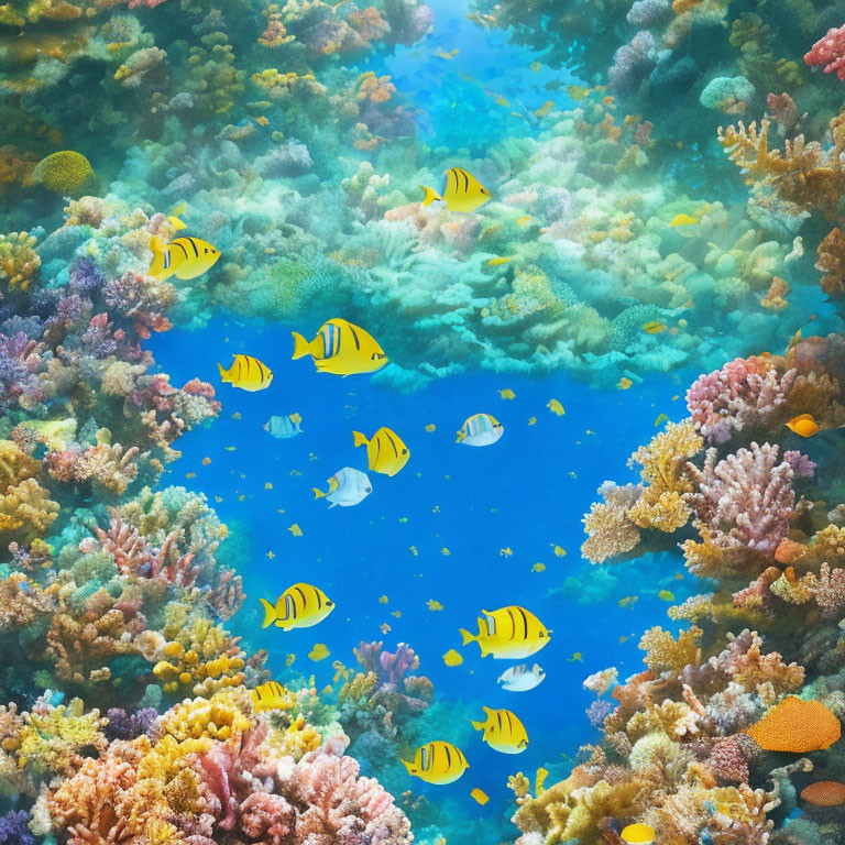 Colorful Coral Reef Scene with Yellow and Black Striped Fish