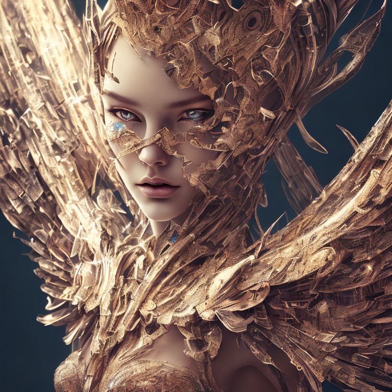 Digital artwork of woman with golden feathered wings and eye mask exuding mystical aura