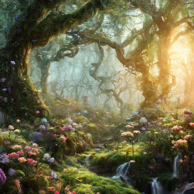 Enchanted forest with vibrant flowers, moss-covered trees, and cascading stream