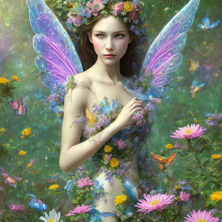 Fantasy Female Fairy with Translucent Wings in Magical Garden