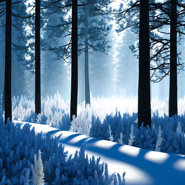 Winter Forest Scene: Tall Trees, Snow, Frost, and Soft Sunlight