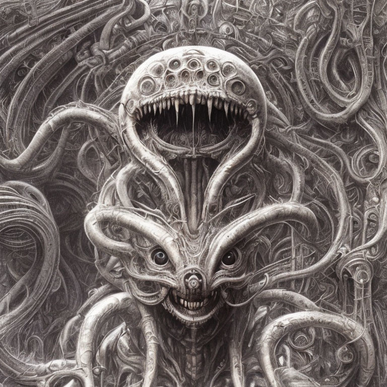 Detailed Monochromatic Drawing of Fantastical Creatures with Tentacle-like Forms