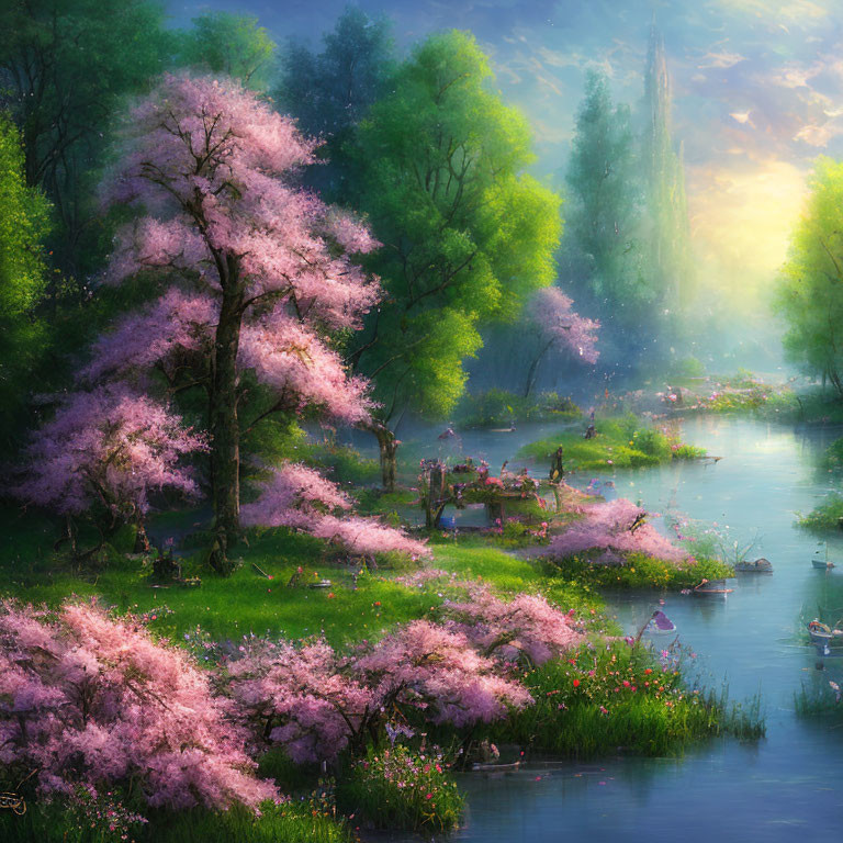 Tranquil river with blooming cherry blossom trees