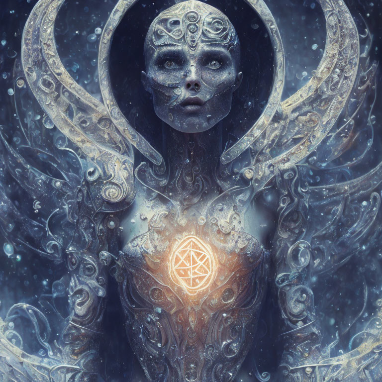 Mystical humanoid figure with metallic skin and glowing symbol surrounded by blue energy