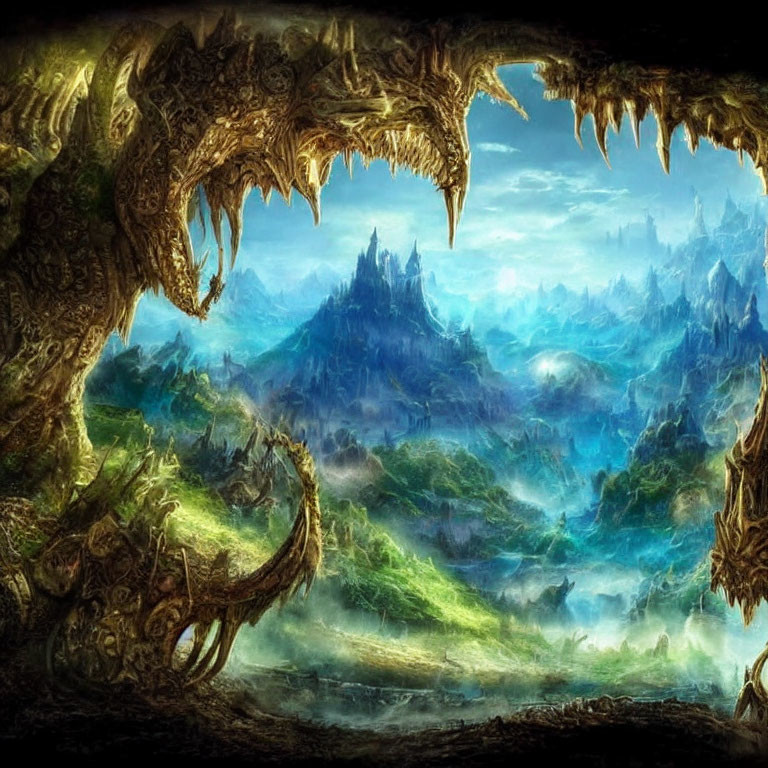 Dragon-themed fantasy landscape with mystical valley and towering spires.